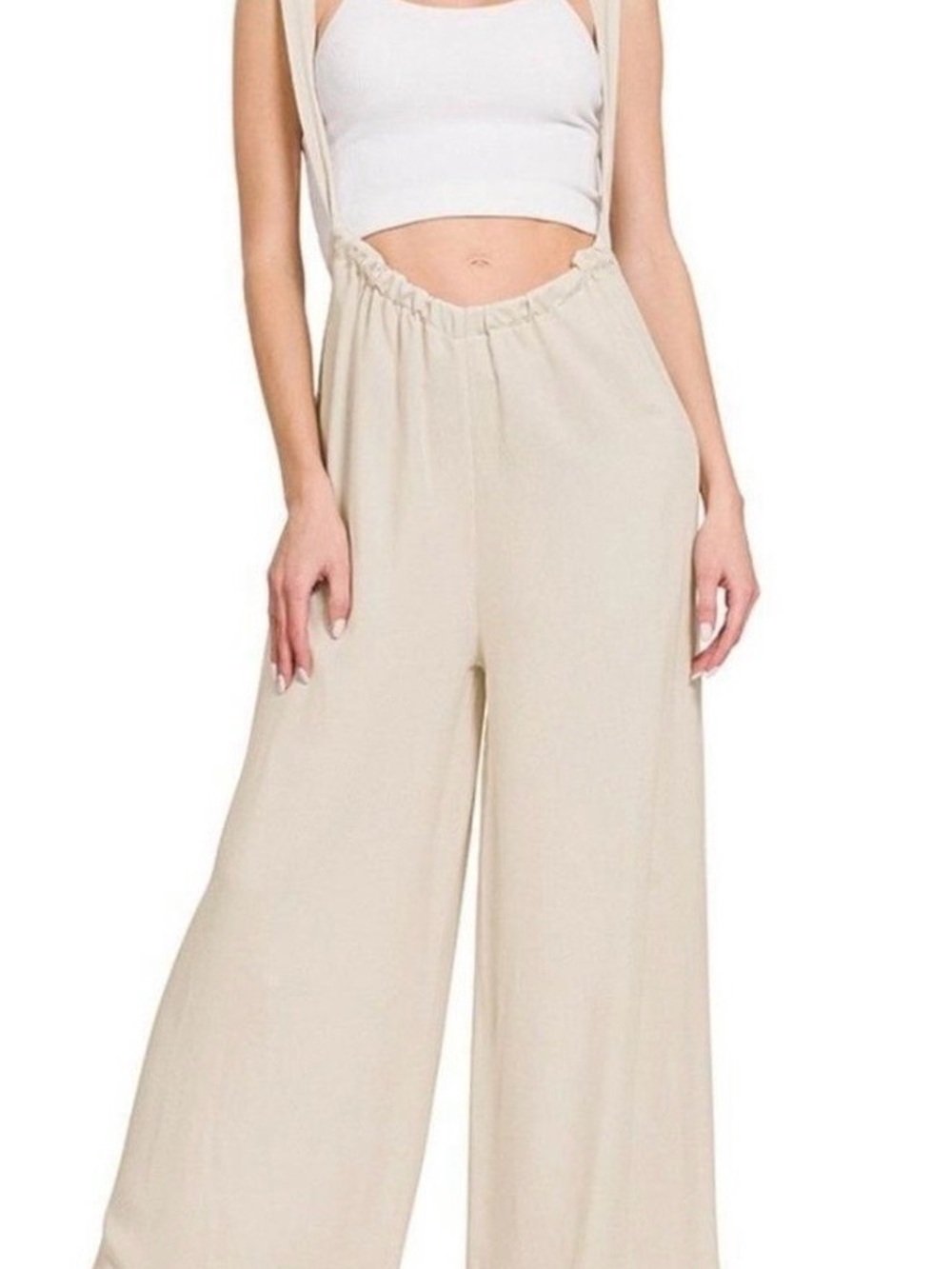 Wide-Leg Cream Suspender Jumpsuit Pants